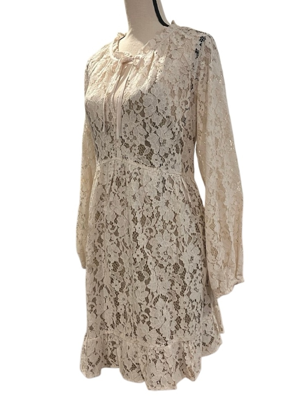 LOFT Floral Lace Tie-Neck Flounce Mini Dress - Picture 4 of 12
